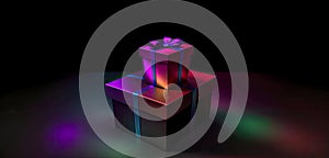 Gift box on dark magic background with light bokeh. Festive background, magic box with gift. Glowing Magic box. Generative AI
