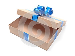Gift box decorated with blue ribbon. Open empty brown carton. 3d rendering illustration