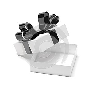 Gift box decorated with ribbon. Open empty container with black bow