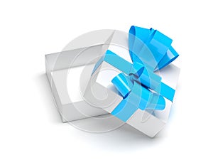 Gift box decorated with ribbon. Open empty container with blue bow. Male style