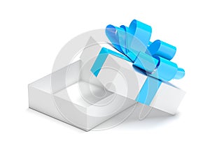 Gift box decorated with ribbon. Open empty container with blue bow. Male style