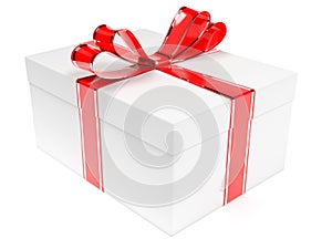 Gift box decorated with shiny red ribbon. 3d rendering illustration