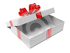 Gift box decorated with shiny red ribbon. 3d rendering illustration