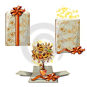 Gift box with a decorative tree. A gift for thanksgiving day isolated on white background. Vector cartoon close-up