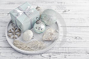 Gift box with different christmas decorations