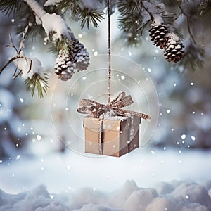 gift box with an empty tag hanging from a tree branch, surrounded by snow and pine cones