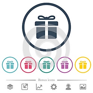 Gift box flat color icons in round outlines