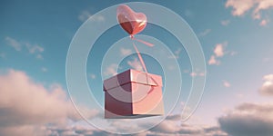 Gift box flies in the sky with a hot air balloon, ai generation