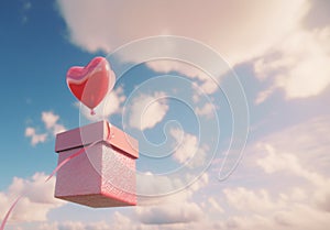 Gift box flies in the sky with a hot air balloon, ai generation