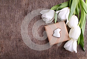 Gift box with flowers white tulips