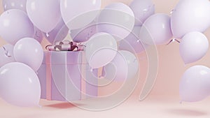 Gift box Fly in air with balloon and pink ribbon pastel background.,Christmas and happy new year background concept.,3d model and