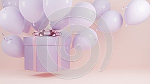 Gift box Fly in air with balloon and pink ribbon pastel background.,Christmas and happy new year background concept.,3d model and