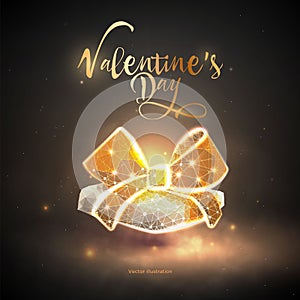 Gift box in the fog.Low poly wireframe. Concept of gift or post card Valentine`s Day.Plexus lines and points in the constellation.