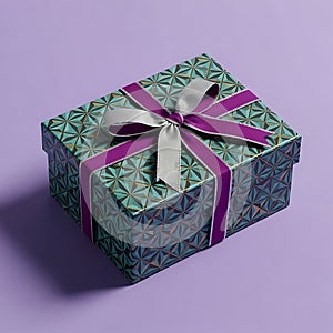 Gift Box with Geometric Pattern and Purple Ribbon