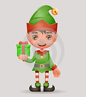 Gift box give away bestow christmas elf boy santa claus helper new year 3d cartoon character design vector illustration