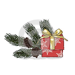 Gift box with a gold bow. Christmas fir tree branches with cones