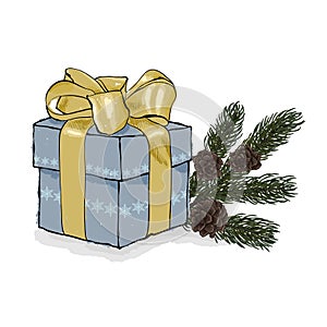 Gift box with a gold bow. Christmas fir tree branches with cones