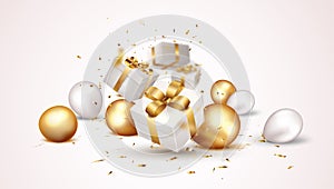 Gift box with gold confetti and balloons , isolated on transparent background