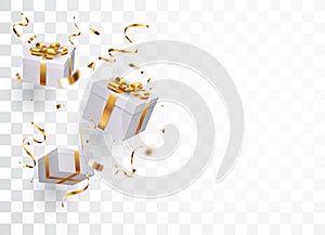 Gift box with gold confetti , isolated on transparent background