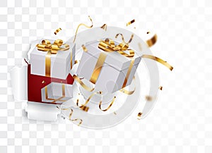 Gift box with gold confetti , isolated on transparent background