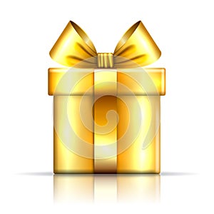 Gift box gold icon. Open surprise present template, ribbon bow, isolated white background. 3D design decoration for