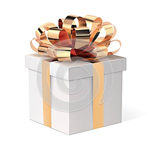 Gift box with gold ribbon bow. Christmas present.