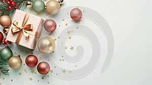 Gift box with gold ribbon and colorful baubles and star glitter on light green background, Christmas background. Generative AI