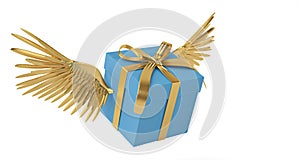 Gift box with gold wings flying box.3D illustration.