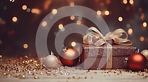 Gift box with golden bow and christmas balls on bokeh background