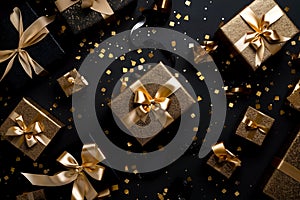 Gift box with a golden ribbon on a black background.