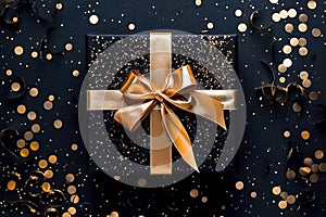 Gift box with a golden ribbon on a black background.