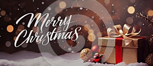 Gift box and golden ribbon on christmas background with snow. Christmas sale banner concept.