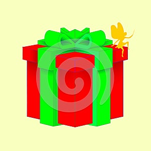 Gift box with a green bowknot with wrapped paper red color isolated on a white background. Vector cartoon close-up illustration.