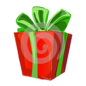 Gift box with a green bowknot with wrapped paper red color isolated on a white background. Vector cartoon close-up