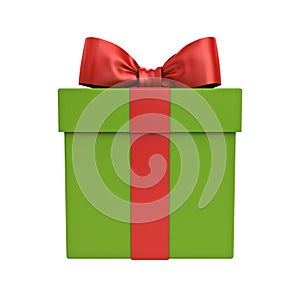 Gift box or Green Present Box with red ribbon and bow isolated on white