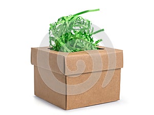 Gift box with green wrapped paper on white