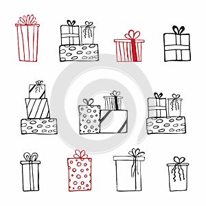 Gift box. Hand drawn simple birthday or christmas present set. Cute doodle boxes with ribbons. vector collection