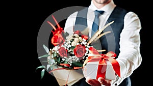 Gift box hand. Happy young business man holding surprise giftbox present with luxury rose flower bouquet isolated on