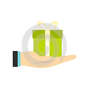 Gift box in hand icon, flat style
