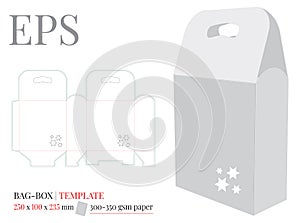 Gift Box with Handle and Stars Template, vector with die cut / laser cut lines. White, clear, blank, isolated Present Box mock up