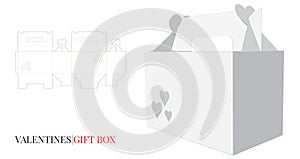 Gift Box with Handle Template with die cut / laser cut lines. Valentine`s Heart Box mock up vector