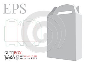 Gift Box with handle Template, vector with die cut / laser cut lines. White, clear, blank, isolated Present Box mock up on white