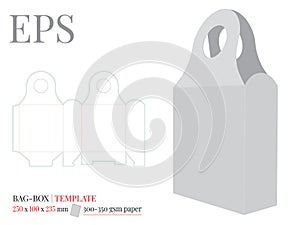 Gift Box with Handle Template, vector with die cut / laser cut lines. White, clear, blank, isolated Present Box mock up