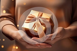 Gift Box in Hands Concept for Woman\'s Holiday Treat, Gold Bow Beauty, and Festive Celebration Wrapping - Generative AI