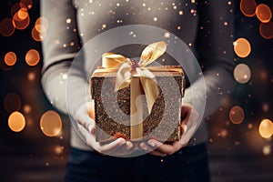 Gift box in the hands of a girl against the background of a Christmas tree and golden bokeh. Gifts and holidays concept. Happy New