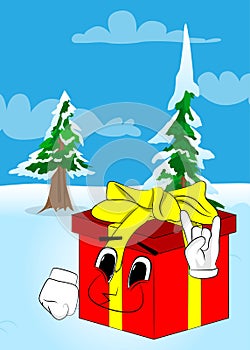 Gift Box with hands in rocker pose as a cartoon character.