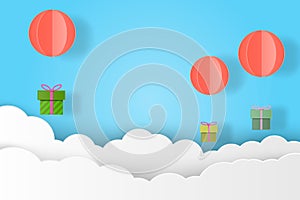 Gift box hanging with balloon and clound paper art vector illustration design for birthday, christmas,festival concept photo