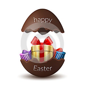 Gift box Happy Easter egg surprise. Broken chocolate Easter 3D egg, isolated white background. Decoration template card