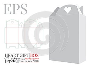 Gift Box with handle heart template, vector with die cut / laser cut lines. White, clear, blank, isolated Present Box mock up