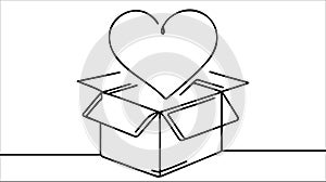 Gift box with heart of love, one line art continuous drawing. Present on Valentines day, birthday, other holiday.